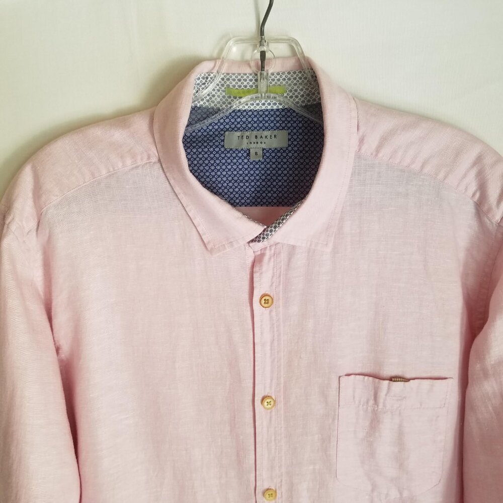 Ted‎ Baker Men's Size 6 Pink Linen Blend Button Front Long Sleeve Shirt